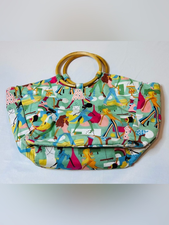 Neiman Marcus Handbags - Neiman Marcus Multicolor Graphic Print Tote with Wooden Ring Handles